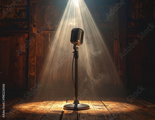 Vintage Microphone on Wooden Stage with Dramatic Spotlight and Light Rays