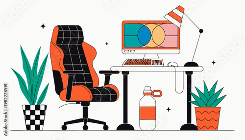 Modern workspace with desk computer chair and plants in flat illustration style clean minimal interior design concept