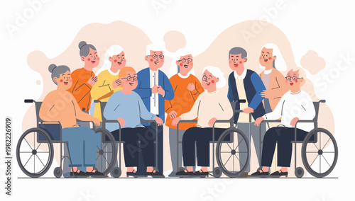 Set of elderly disabled people at nursing home. Old grandparents on retirement. Modern male and female pensioners on wheelchair, paddle walker and crane, walking stick. Vector character illustration

