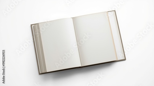 An open book with blank white pages on a plain white background