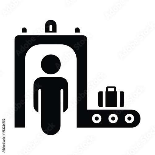 Airport security screening checkpoint with passenger passing through metal detector and luggage conveyor