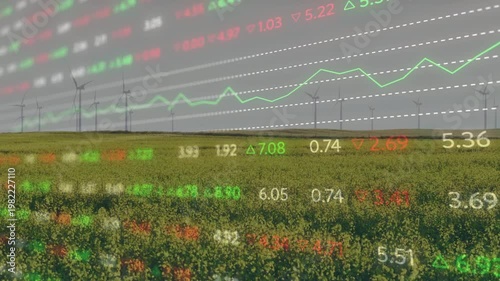 On load market overlay scrolling with chart moving over flowers and turbines, showing finance link