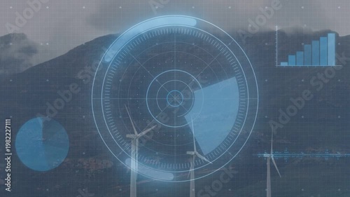 HUD overlay starting scan, monitoring wind farm, rotating wedge, filling pie, growing bars