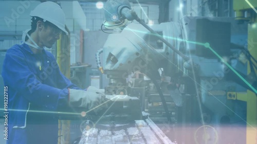 Animated overlay receding and showing machinist placing and clamping cylinder workpiece for milling