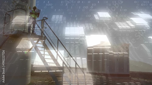 Field tech climbing tower staircase, overlay appearing and causing tablet checking for wind data