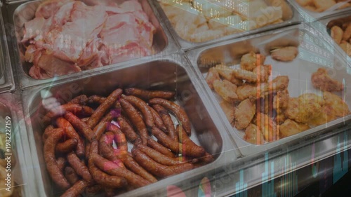 3 steel deli pans with links cured fries, camera drifting, data-overlay creating ghosting on trays