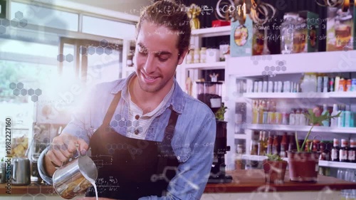 Barista lifting pitcher, pouring milk in cups, making coffee art to serve, hex overlays overlaying