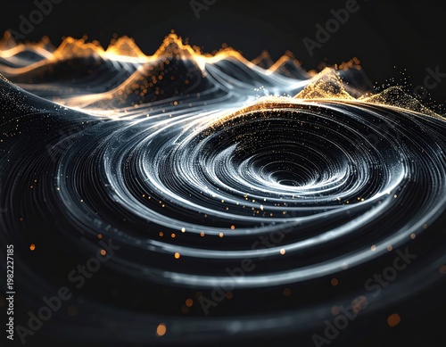Abstract Futuristic Swirling Vortex with Luminous Digital Waves and Golden Particles