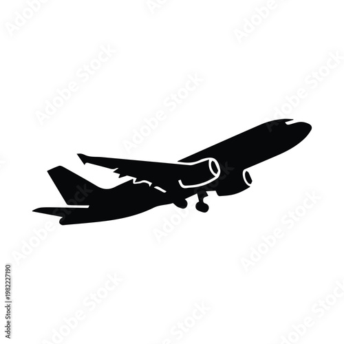 Commercial passenger airplane taking off silhouette vector icon for aviation and travel industry