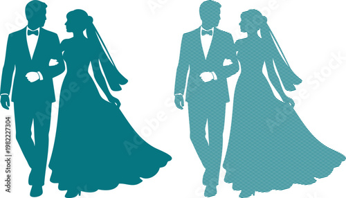 Teal silhouettes of couples in formal wear walking side by side