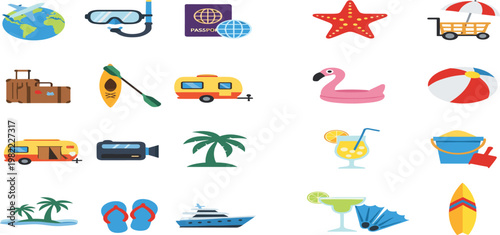 Summer Vacation and Travel Icon Set with Snorkel, Beach Ball, Cruise, Palm Trees, and More in Flat Vector Style