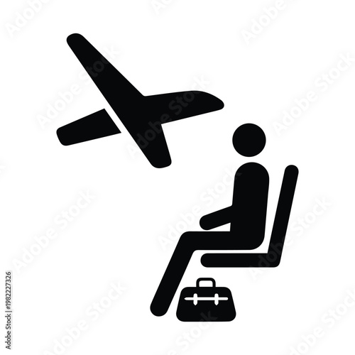 Passenger sitting on airplane seat with luggage and airplane icon in black silhouette vector graphic