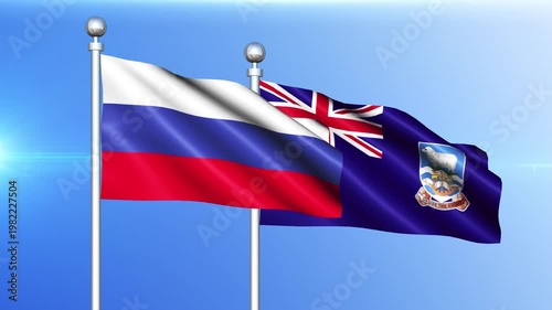 Russia and Falkland Islands National Flag Waving on Pole Loop