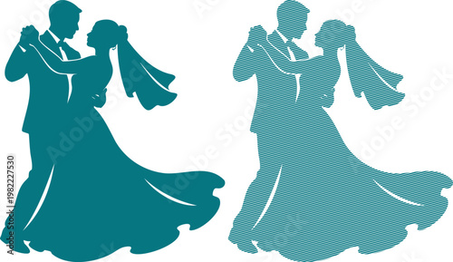 Teal dancing couples in two tones dance silhouette waltz