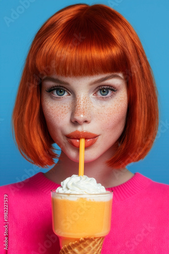 Redhead Girl with Orange Ice Cream Cone