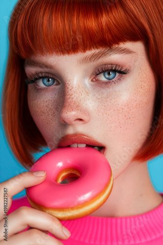 Redhead Girl Eating Pink Donut