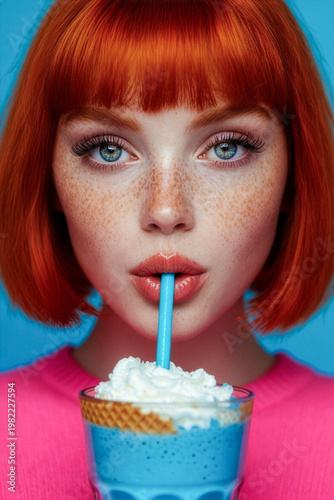 Vibrant Red Bob Hair Girl with Blue Milkshake