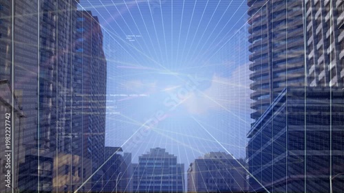 Sky gap framed by towers showing radial grid forming, streaks sweeping, drawing focus for design