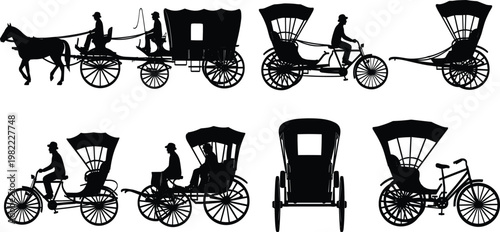 Vintage carriage collection vector silhouette horse cart rickshaw transport antique vehicle set black illustration classic transport historical design bundle