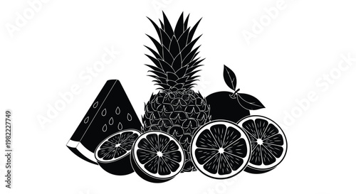 A group of fresh fruit including pineapple and orange slices