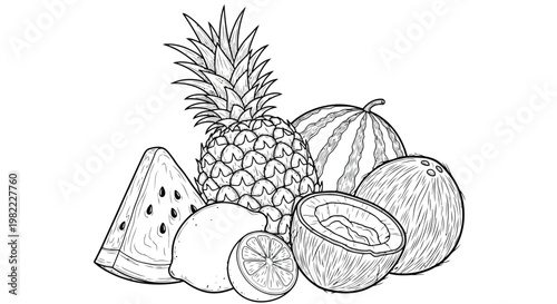 A group of fresh fruits including pineapple and watermelon