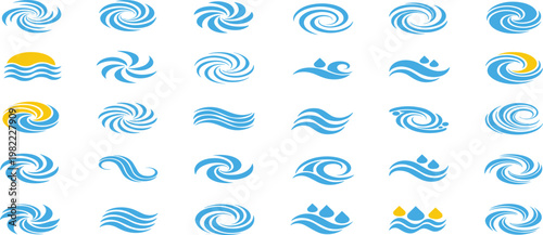 Swirling Water and Wave Icon Set with Motion and Fluid Designs for Water Sports and Ocean Illustrations