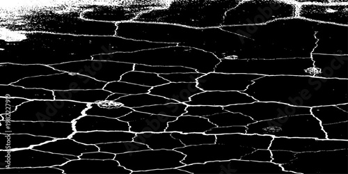  grunge texture of a cracked, weathered concrete wall in black and white monochrome. surface features intricate fracture patterns spreading organically across aged plaster.