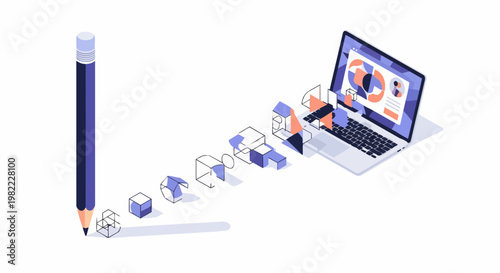 Digital Design and Creative Process Isometric Illustration: From Pencil Sketches to 3D Graphic Elements on Laptop Screen