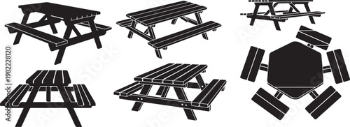 Silhouette of picnic tables isolated on a white background simple graphic. Picnic tables silhouette vector illustration.