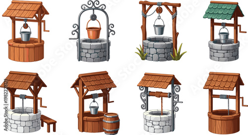 Set of traditional water wells with buckets, wooden and stone designs, rural village elements, vintage outdoor structures vector illustration collection