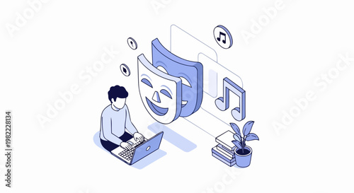 Isometric Illustration of Creative Professional Working on Laptop with Theater Masks and Music Notes - Digital Arts, Storytelling, and Content Creation Concept