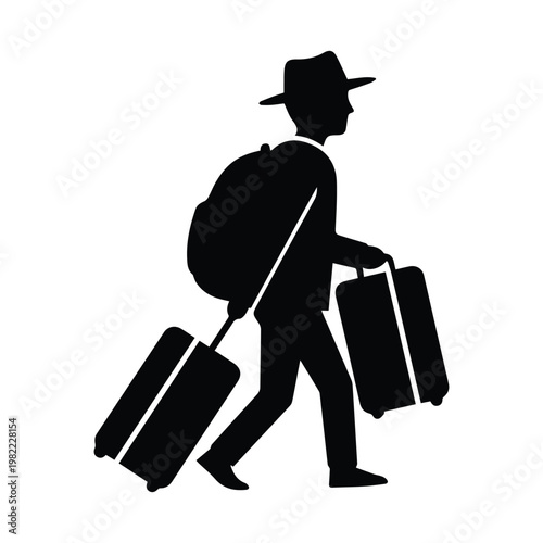 Traveler wearing hat and carrying heavy travel bags silhouette icon for tourism and airport signage design