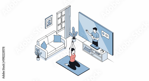 Isometric Illustration of a Woman Practicing Yoga at Home with an Online Virtual Fitness Instructor on TV