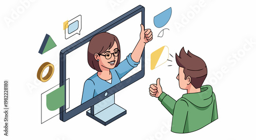 Isometric Illustration of Woman on Computer Screen and Man Giving Thumbs Up, Positive Feedback and Digital Communication Concept
