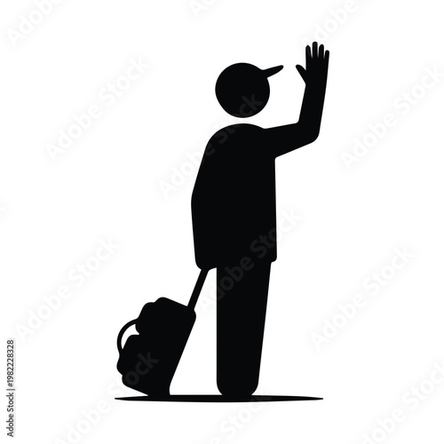 Traveler with rolling luggage waving goodbye at airport terminal departure gate silhouette vector icon