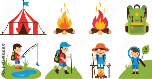 Colorful illustrations of children engaging in various camping activities Vector