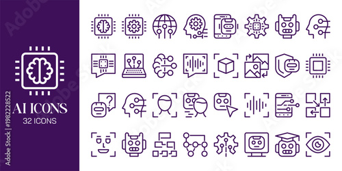 Artificial Intelligence Icon Set with AI Brain, Machine Learning, Robot, Data Network and Futuristic Technology Vector Collection