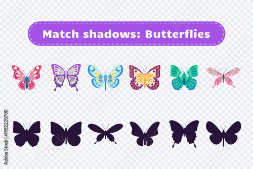 Educational game for kids on transparent background. Match shadows: butterflies.Preschool educational activity worksheet.Illustration for kids books and workbooks. Logical quest for children. Vector 