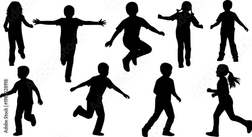 Group of Diverse Kids Playing Tag Silhouette, Active Children Running and Jumping in Park, Childhood Joy and Outdoor Play Concept Vector Illustration