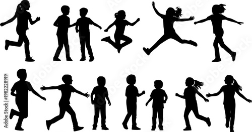Group of Diverse Kids Playing Tag Silhouette, Active Children Running and Jumping in Park, Childhood Joy and Outdoor Play Concept Vector Illustration