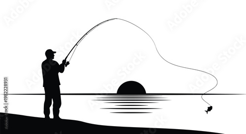 A man fishing on the shore during sunset