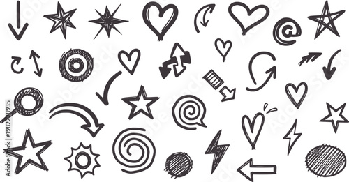 Collection of hand drawn dark grey doodle and symbols white arrow heart star lightning