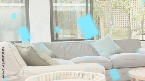 Sofa staying still, animated blue blocks activating and drifting across front to market furniture