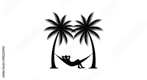 A person relaxing in a hammock between two palm trees
