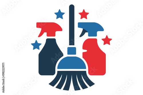 Cleaning service icons set with spray bottles and broom brush decorated with patriotic stars for professional house keeping company branding