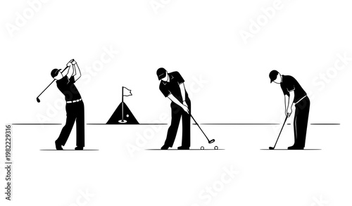 Minimal golf player icons swing putt silhouettes black and white vector illustration isolated on white