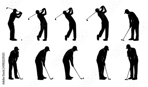 Golf player silhouettes set swinging club putting ball professional black and white vector illustration isolated on white