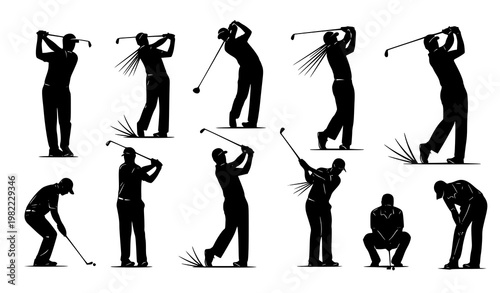 Dynamic golf player silhouettes collection swinging putting action black and white vector illustration set isolated on white background