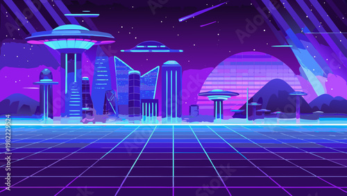 Futuristic cityscape with flying saucers and a retro wave aesthetic