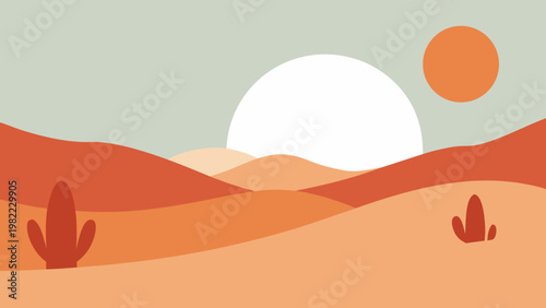 Stylized desert landscape with rolling hills, cacti, and a large sun at sunset